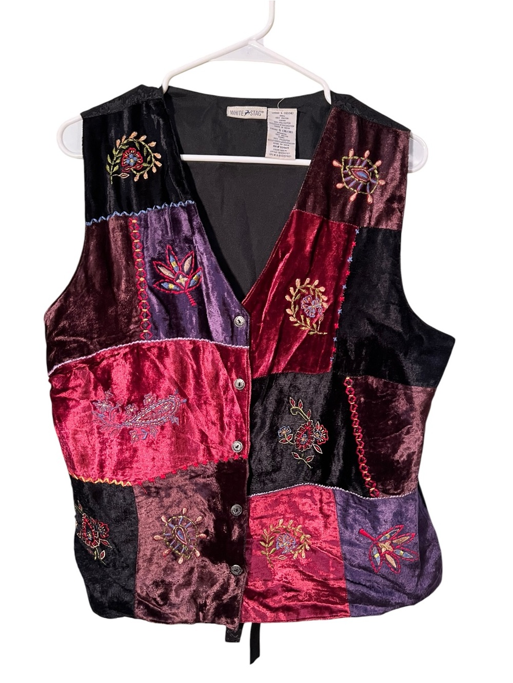 Vintage White Stag Womens Size Large 12/14 Velvet Patchwork Floral Vest Burgundy